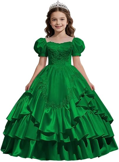 Sunnypetal Satin Sweetheart Neck Puffy Sleeve Lace Applique Princess Flower Girl Dress