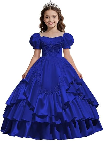 Sunnypetal Satin Sweetheart Neck Puffy Sleeve Lace Applique Princess Flower Girl Dress