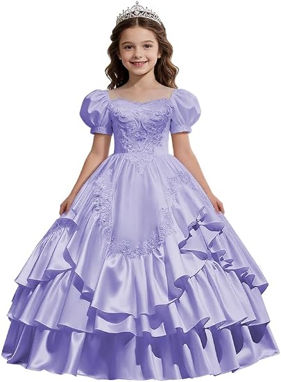 Sunnypetal Satin Sweetheart Neck Puffy Sleeve Lace Applique Princess Flower Girl Dress