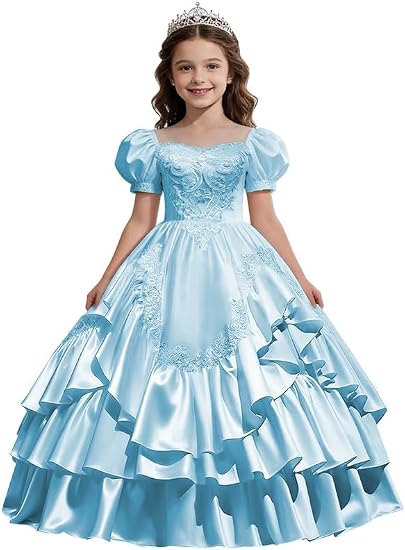 Sunnypetal Satin Sweetheart Neck Puffy Sleeve Lace Applique Princess Flower Girl Dress