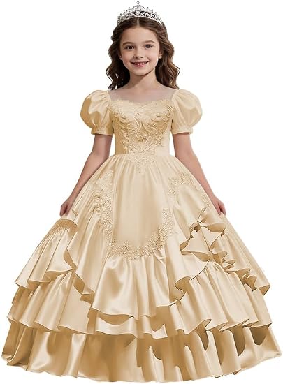 Sunnypetal Satin Sweetheart Neck Puffy Sleeve Lace Applique Princess Flower Girl Dress