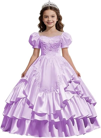 Sunnypetal Satin Sweetheart Neck Puffy Sleeve Lace Applique Princess Flower Girl Dress