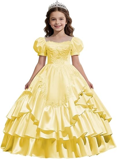 Sunnypetal Satin Sweetheart Neck Puffy Sleeve Lace Applique Princess Flower Girl Dress