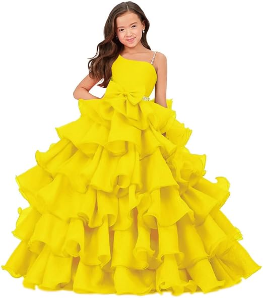 Sunnypetal Luxury One Shoulder Organza Ruffle Flower Girl Pageant Gown