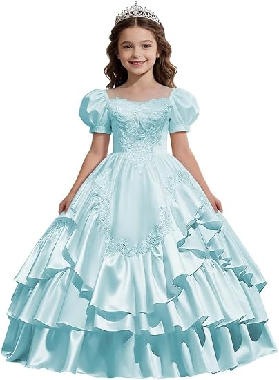 Sunnypetal Satin Sweetheart Neck Puffy Sleeve Lace Applique Princess Flower Girl Dress