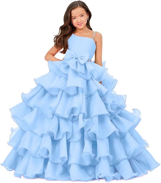 Sunnypetal Luxury One Shoulder Organza Ruffle Flower Girl Pageant Gown