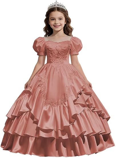 Sunnypetal Satin Sweetheart Neck Puffy Sleeve Lace Applique Princess Flower Girl Dress