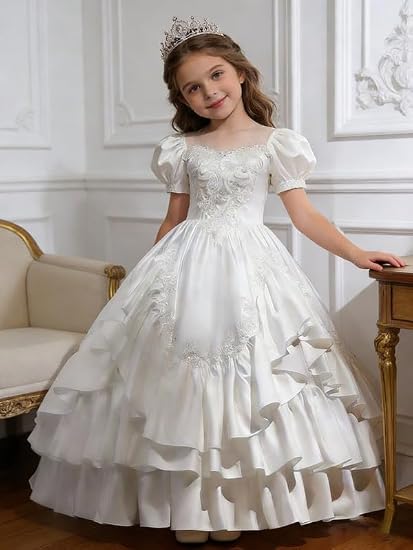 Sunnypetal Satin Sweetheart Neck Puffy Sleeve Lace Applique Princess Flower Girl Dress