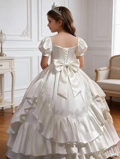 Sunnypetal Satin Sweetheart Neck Puffy Sleeve Lace Applique Princess Flower Girl Dress