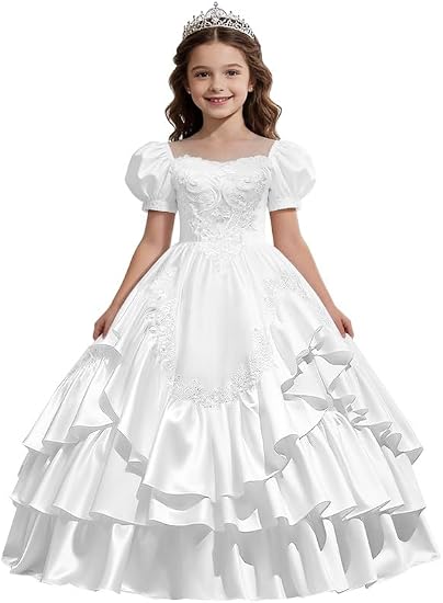 Sunnypetal Satin Sweetheart Neck Puffy Sleeve Lace Applique Princess Flower Girl Dress