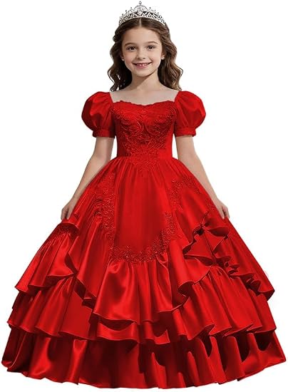 Sunnypetal Satin Sweetheart Neck Puffy Sleeve Lace Applique Princess Flower Girl Dress
