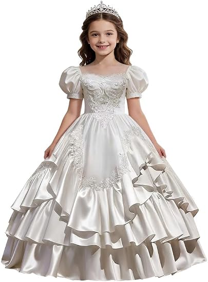 Sunnypetal Satin Sweetheart Neck Puffy Sleeve Lace Applique Princess Flower Girl Dress