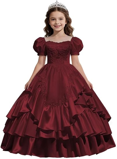 Sunnypetal Satin Sweetheart Neck Puffy Sleeve Lace Applique Princess Flower Girl Dress