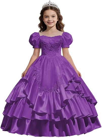Sunnypetal Satin Sweetheart Neck Puffy Sleeve Lace Applique Princess Flower Girl Dress