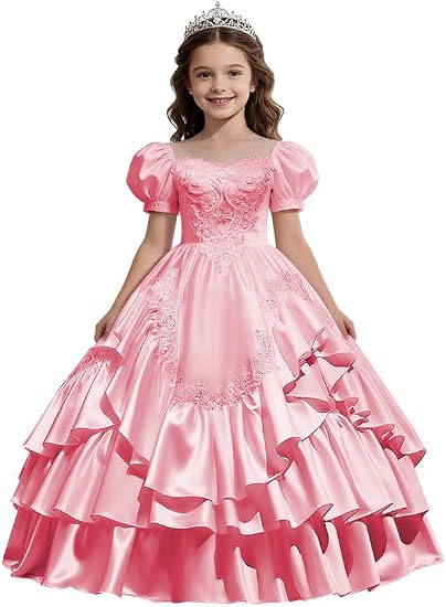Sunnypetal Satin Sweetheart Neck Puffy Sleeve Lace Applique Princess Flower Girl Dress