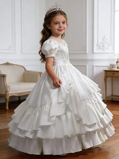 Sunnypetal Satin Sweetheart Neck Puffy Sleeve Lace Applique Princess Flower Girl Dress