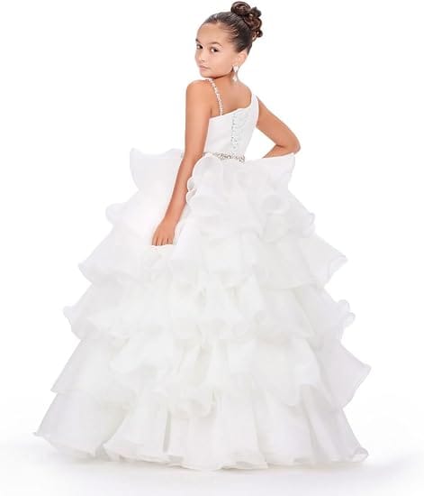 Sunnypetal Luxury One Shoulder Organza Ruffle Flower Girl Pageant Gown