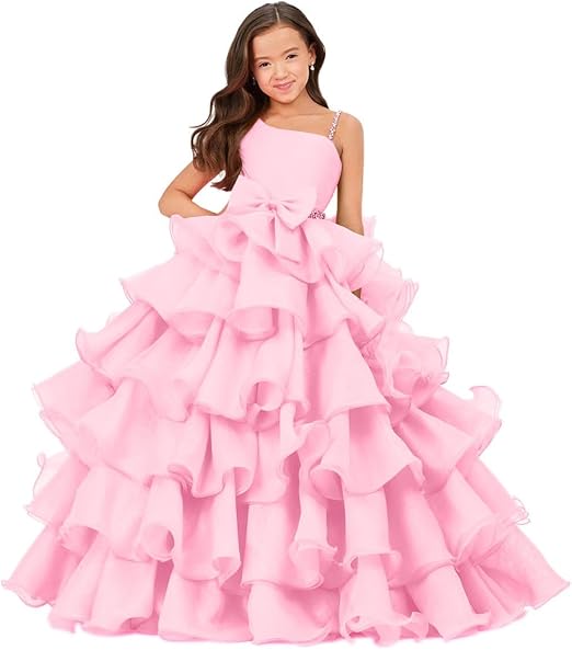 Sunnypetal Luxury One Shoulder Organza Ruffle Flower Girl Pageant Gown
