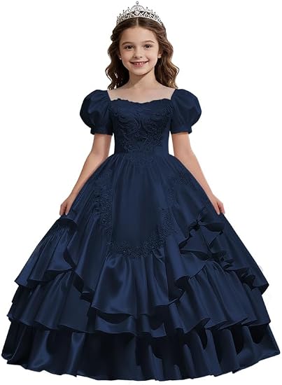 Sunnypetal Satin Sweetheart Neck Puffy Sleeve Lace Applique Princess Flower Girl Dress