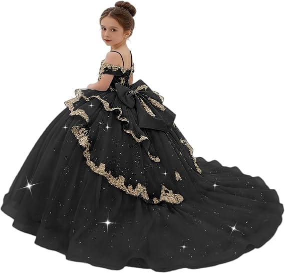 Sunnypetal Gold Sequin Lace Off-Shoulder Tulle Flower Girl Dress with Bow Detail
