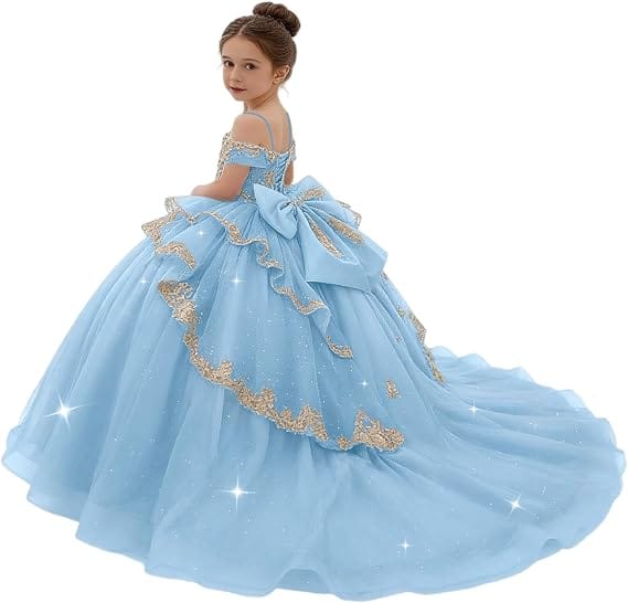 Sunnypetal Gold Sequin Lace Off-Shoulder Tulle Flower Girl Dress with Bow Detail