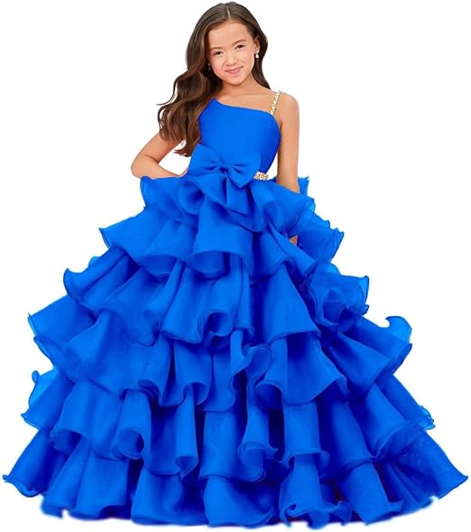 Sunnypetal Luxury One Shoulder Organza Ruffle Flower Girl Pageant Gown