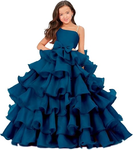 Sunnypetal Luxury One Shoulder Organza Ruffle Flower Girl Pageant Gown