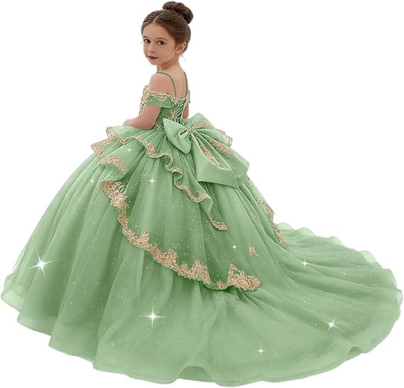 Sunnypetal Gold Sequin Lace Off-Shoulder Tulle Flower Girl Dress with Bow Detail