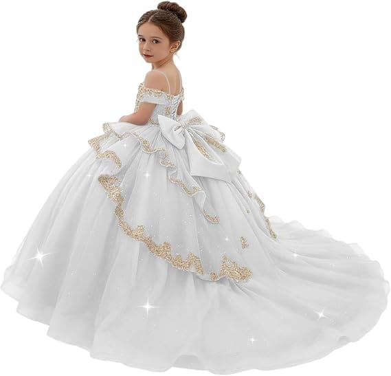 Sunnypetal Gold Sequin Lace Off-Shoulder Tulle Flower Girl Dress with Bow Detail