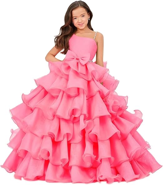 Sunnypetal Luxury One Shoulder Organza Ruffle Flower Girl Pageant Gown