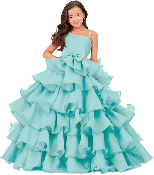 Sunnypetal Luxury One Shoulder Organza Ruffle Flower Girl Pageant Gown