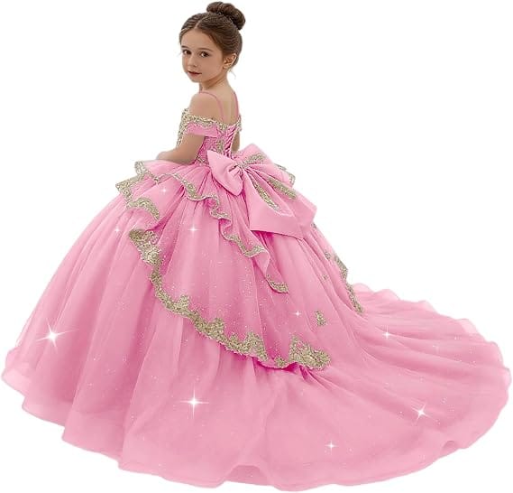 Sunnypetal Gold Sequin Lace Off-Shoulder Tulle Flower Girl Dress with Bow Detail