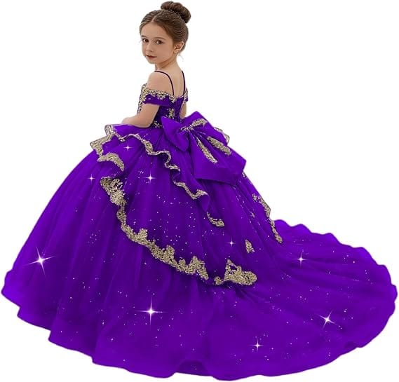 Sunnypetal Gold Sequin Lace Off-Shoulder Tulle Flower Girl Dress with Bow Detail