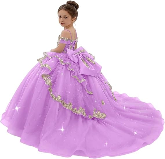 Sunnypetal Gold Sequin Lace Off-Shoulder Tulle Flower Girl Dress with Bow Detail