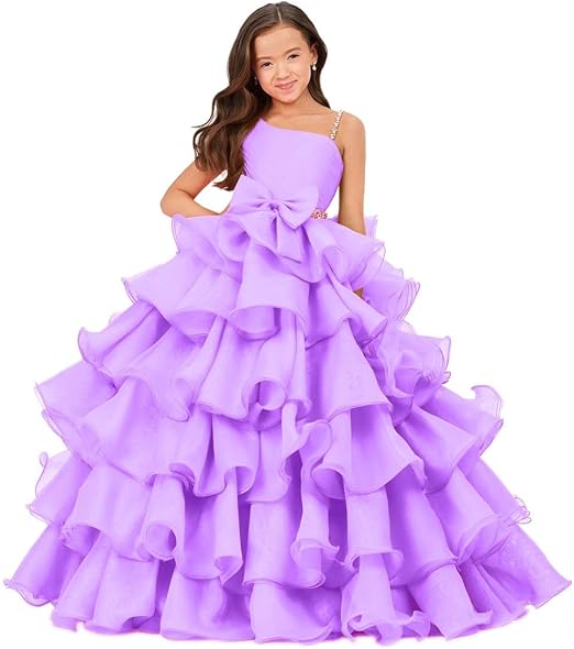Sunnypetal Luxury One Shoulder Organza Ruffle Flower Girl Pageant Gown