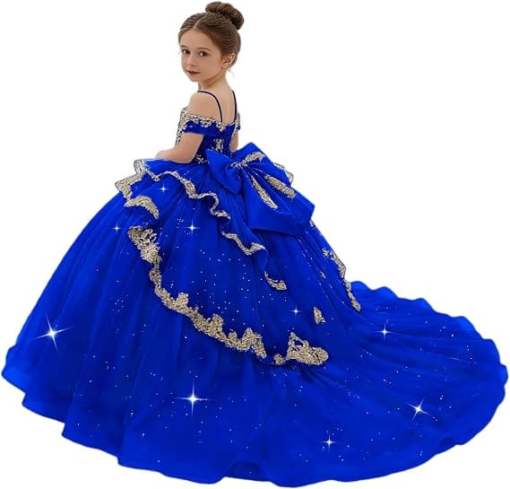 Sunnypetal Gold Sequin Lace Off-Shoulder Tulle Flower Girl Dress with Bow Detail