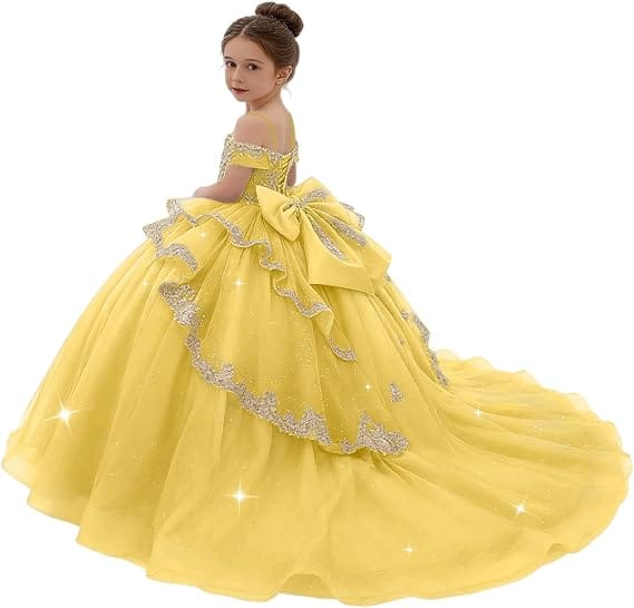 Sunnypetal Gold Sequin Lace Off-Shoulder Tulle Flower Girl Dress with Bow Detail