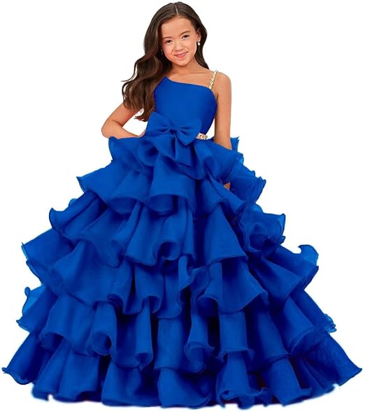 Sunnypetal Luxury One Shoulder Organza Ruffle Flower Girl Pageant Gown