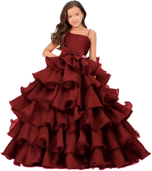 Sunnypetal Luxury One Shoulder Organza Ruffle Flower Girl Pageant Gown