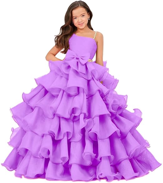 Sunnypetal Luxury One Shoulder Organza Ruffle Flower Girl Pageant Gown