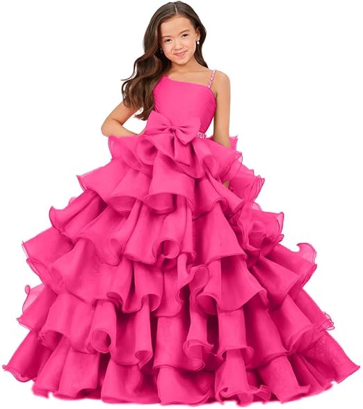 Sunnypetal Luxury One Shoulder Organza Ruffle Flower Girl Pageant Gown
