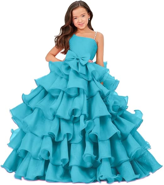 Sunnypetal Luxury One Shoulder Organza Ruffle Flower Girl Pageant Gown