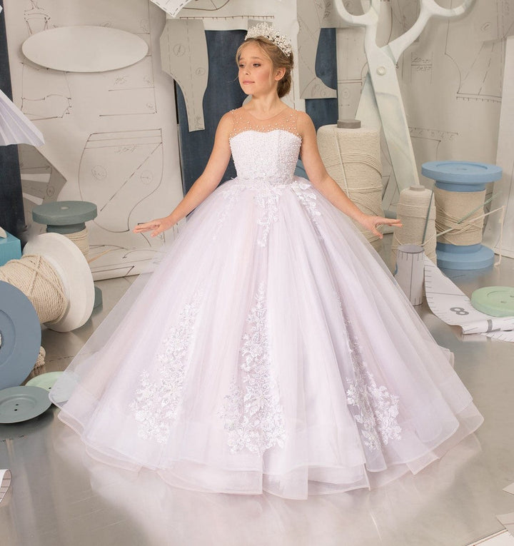 6m / All White Sunnypetal Tulle Long Appliques Princess Flower Girl Dresses With Beading