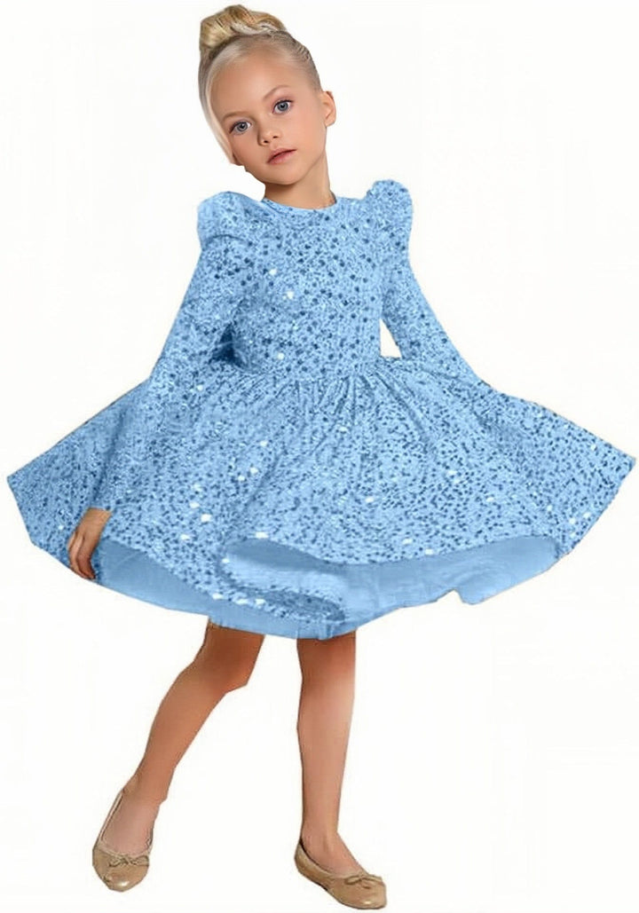 6m / Blue Sunnypetal Sparkly Sequin Knee-Length Flower Girl Dress with Long Sleeves & Bow