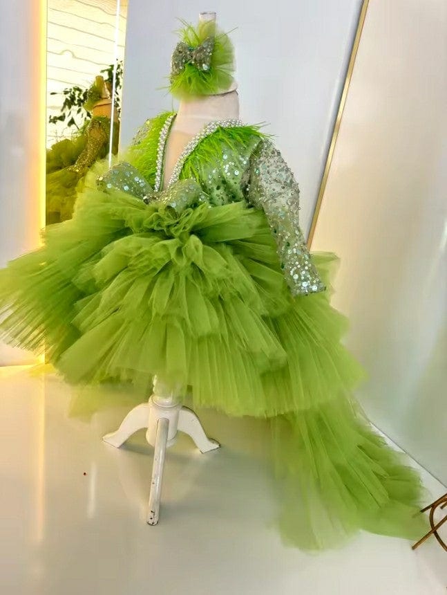 Sunnypetal V-Neck Feather Sequins Pageant Gown Tulle Flower Girl Dress sunnypetal Sunnypetal V-Neck Feather Sequins Pageant Gown Tulle Flower Girl Dress sunnypetal