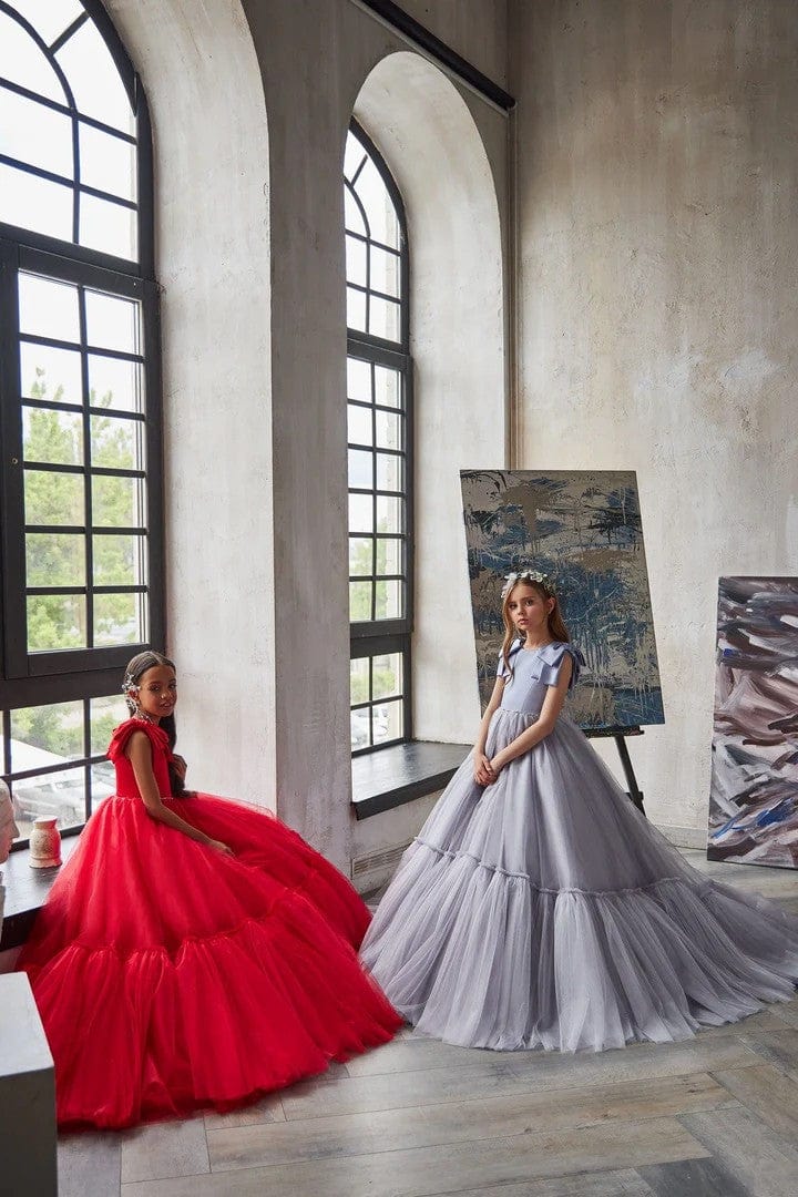 6m / Grey Sunnypetal Red Tulle Flower Girl Dress Satin Bodice Sleeveless Bows for Special Occasion