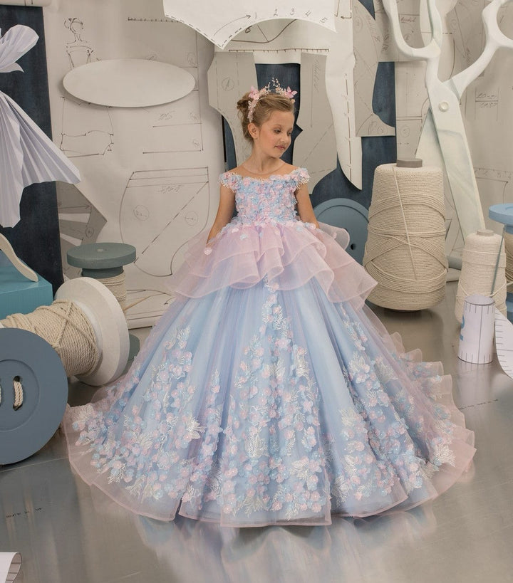 6m / Image Color Sunnypetal Floral Tulle Lace Tiered Floor Length Flower Girl Dresses With Beading