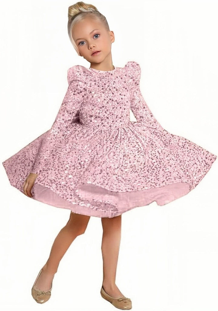 6m / Pink Sunnypetal Sparkly Sequin Knee-Length Flower Girl Dress with Long Sleeves & Bow