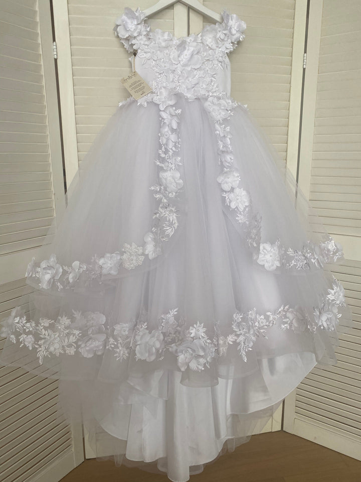 6m / White Sunnypetal Ball-Gown Tulle Lace Flower Girl Dress With Beading/3D Floral