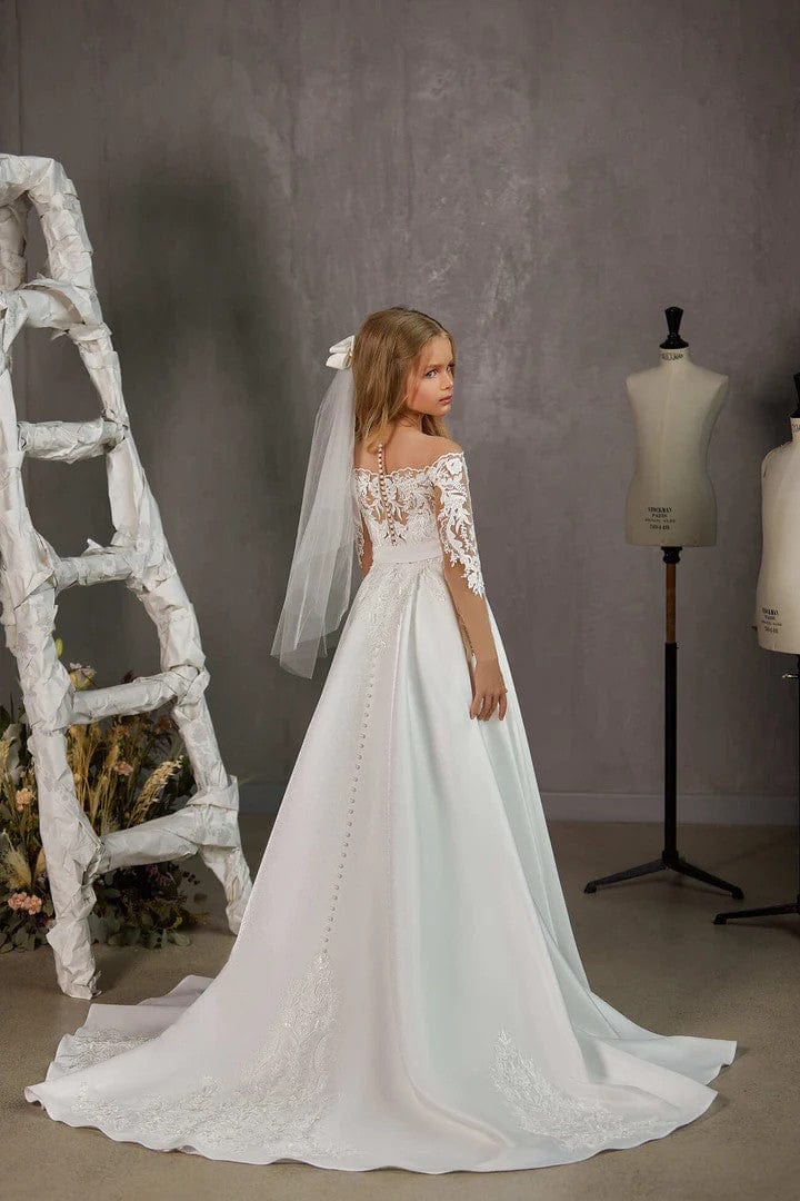 6m / White Without Veil Sunnypetal A-Line Off-The-Shoulder Floral Appliques Sequins Satin Flower Girl Dresses